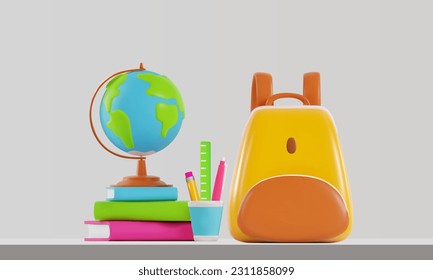 Globe on a stack of books with a backpack and a glass of stationery. Vector 3d illustration on isolated background.