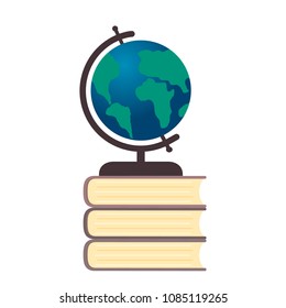 Globe on a stack of books. Flat vector illustration. Workplace of the student. Back to school. Education concept. Easy to edit design template for your artworks, websites, social media etc.