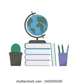 Globe on a stack of books, pencils and cactus on isolated on white. Back to school flat vector illustration. Workplace of the student. Education and learning concept. Easy to edit design template. 