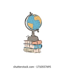 Globe on stack of books. Planet Earth. Model of the planet of the solar system rotating on a stand. Subject for school lessons. 