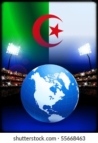 Globe on Stadium Background with Algeria Flag Original Illustration