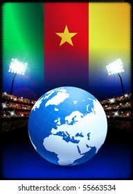 Globe auf Stadionhintergrund mit Kamerun Flag Original Illustration