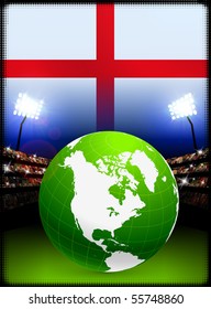 Globe on Stadium Background with England Flag Original Illustration