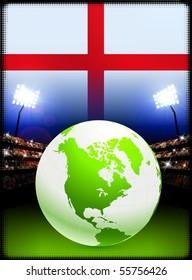 Globe on Stadium Background with England Flag Original Illustration
