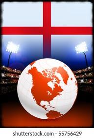 Globe on Stadium Background with England Flag Original Illustration