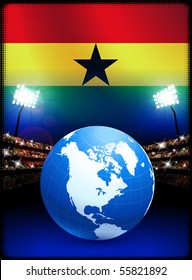 Globo no fundo do estádio com bandeira do Gana Ilustração original