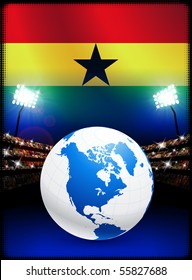Globe auf Stadionhintergrund mit Ghana Flag Originalillustration