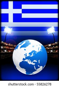 Globe on Stadium Background with Greece Flag Original Illustration
