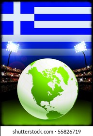 Globe on Stadium Background with Greece Flag Original Illustration