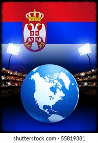 Globe auf Stadionhintergrund mit Serbiens Flaggenoriginal Illustration