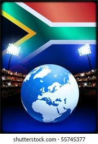 Globe on Stadium Background with South Africa Flag Original Illustration
