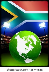 Globe on Stadium Background with South Africa Flag Original Illustration