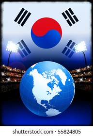 Globe on Stadium Background with South Korea Flag Original Illustration