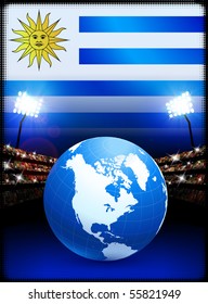 Globe auf Stadionhintergrund mit Originalgrafik der Uruguay-Flagge