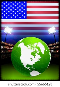 Globe on Stadium Background with USA Flag Original Illustration