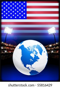 Globe on Stadium Background with USA Flag Original Illustration