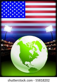 Globe on Stadium Background con la bandera de los Estados Unidos Ilustración original