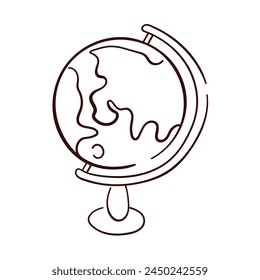 Globe on stand for desk in line art style. Outline educational school equipment. Illustration on a white background.