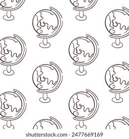 Globe on stand for desk seamless pattern in line art style. Hand drawn educational school equipment. Vector illustration on a white background.