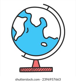 Globe on stand doodle icon vector isolated. Hand-drawn illustration of an educational equipment. World map on sphere, geography concept.