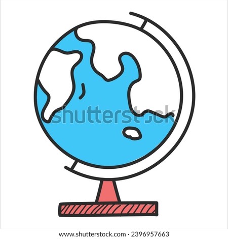 Globe on stand doodle icon vector isolated. Hand-drawn illustration of an educational equipment. World map on sphere, geography concept.