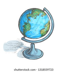 Globe on the stand. Hand drawing vector sketch colored illustration.
