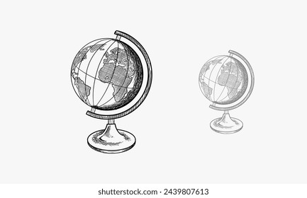 Globe en el estrado. Dibujo a mano vector boceto ilustración monocroma.