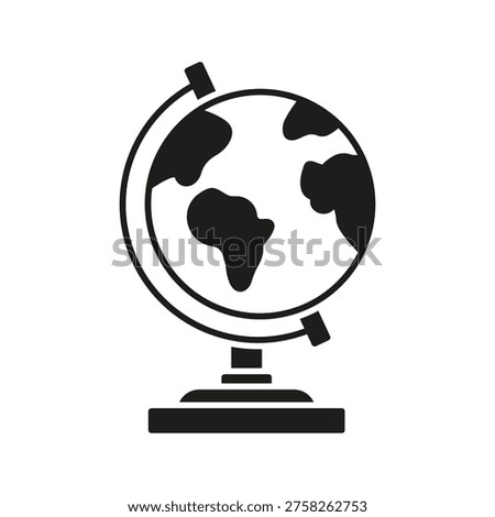 Globe On Stand Solid Icon. Global Education, Geography Learning, And World Exploration Silhouette Symbol. Classroom And Travel Planning Tool. Isolated Vector Illustration.
