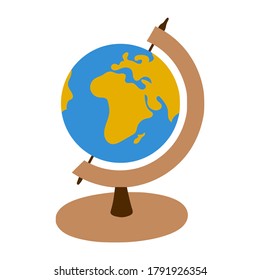 Globe en un estrado. Vista de África. Inventario escolar de geografía. Símbolo de viaje. Se dibuja un simple dibujo a mano. Aislado sobre un fondo blanco. Ilustración de vector de color