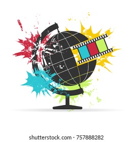 Globe on white background with color spots. Information concept. Grunge vector illustration