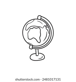 Globe on wooden handle as an important tool for geography lessons in black isolated on white background. Hand drawn vector sketch illustration in doodle engraved vintage line art style. School