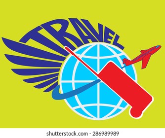 Globe on a yellow background, suitcase and plane.