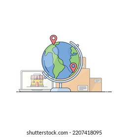 Globe with online store locations and boxes. The concept of online ordering and worldwide delivery.