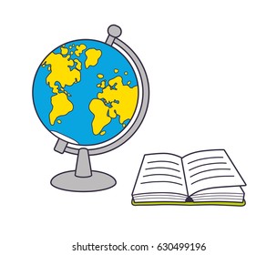 Globe and open book isolated, geography lesson icon.