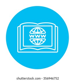 Globe and open book line icon for web, mobile and infographics. Vector white icon on the light blue circle isolated on white background.