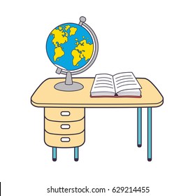 Globe and open book on a table isolated. Geography lesson.