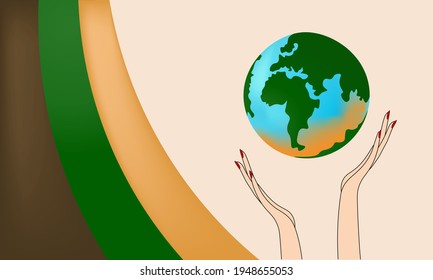Globe in open female human palms. Planet protection concept, side view. Green-brown background. Vector illustration for a poster for Earth Day.