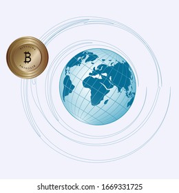 Globe, orbit - Metal bitcoin - isolated on a white background - vector. Business concept. Finance.