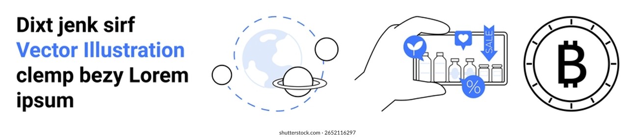 Globo com planetas em órbita, mão segurando smartphone com ícones de compras, símbolo Bitcoin. Ideal para tecnologia, comunicação digital, e-commerce, criptomoeda, exploração espacial, fintech, móvel