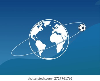 Globus, der einen Fußball auf blauem Hintergrund umkreist. Geeignet für Sport, globale Veranstaltungen, Fußball-Meisterschaften, Reisen und Sportveranstaltungen.