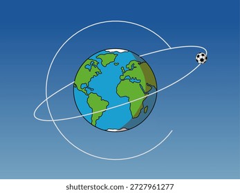 El globo orbita la pelota de fútbol sobre fondo azul, ideal para eventos deportivos, materiales de marketing, campañas globales de fútbol y contenido promocional.