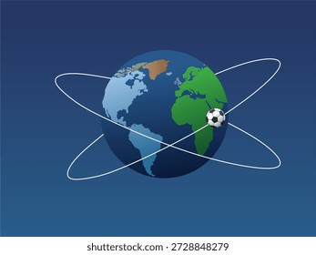 El globo orbita la pelota de fútbol sobre fondo azul, ideal para eventos deportivos, materiales de marketing, campañas globales de fútbol y contenido promocional.