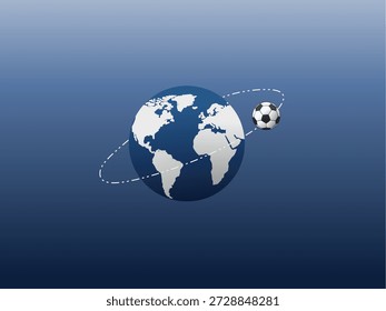 Globo orbita bola de futebol sobre fundo azul, ideal para eventos esportivos, materiais de marketing, campanhas globais de futebol e conteúdo promocional.