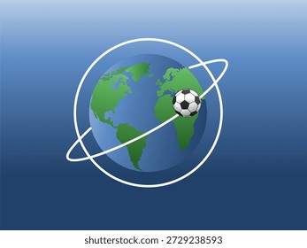 El globo orbita la pelota de fútbol sobre fondo azul, ideal para eventos deportivos, materiales de marketing, campañas globales de fútbol y contenido promocional.
