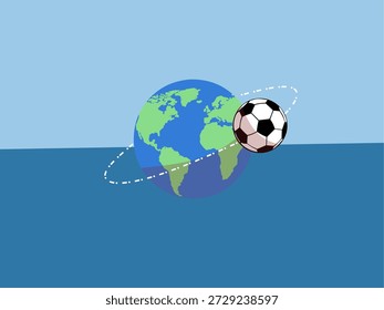 Globo orbita bola de futebol sobre fundo azul, ideal para eventos esportivos, materiais de marketing, campanhas globais de futebol e conteúdo promocional.