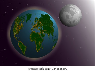 A globe in outer space with a view of the moon. Vector illustration with orange lights on green continents.