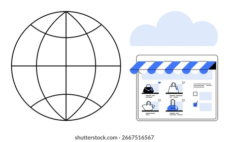 Esquema de globo con líneas de cuadrícula, escaparate en línea en azul y blanco, icono de nube arriba. Ideal para comercio electrónico, compras por Internet, mercado global, servicios en la nube, tiendas en línea, tecnología de negocios de Web