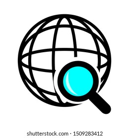 globe outline and magnifying glass icon; global search symbols isolated on white background. vector illustration 
