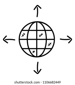 
A globe with outward arrows in four directions.
