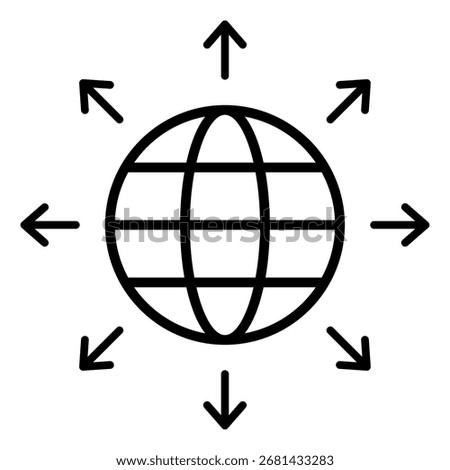 Globe with outward arrows, symbolizing global expansion, worldwide communication, networking, international growth, and worldwide connection. 